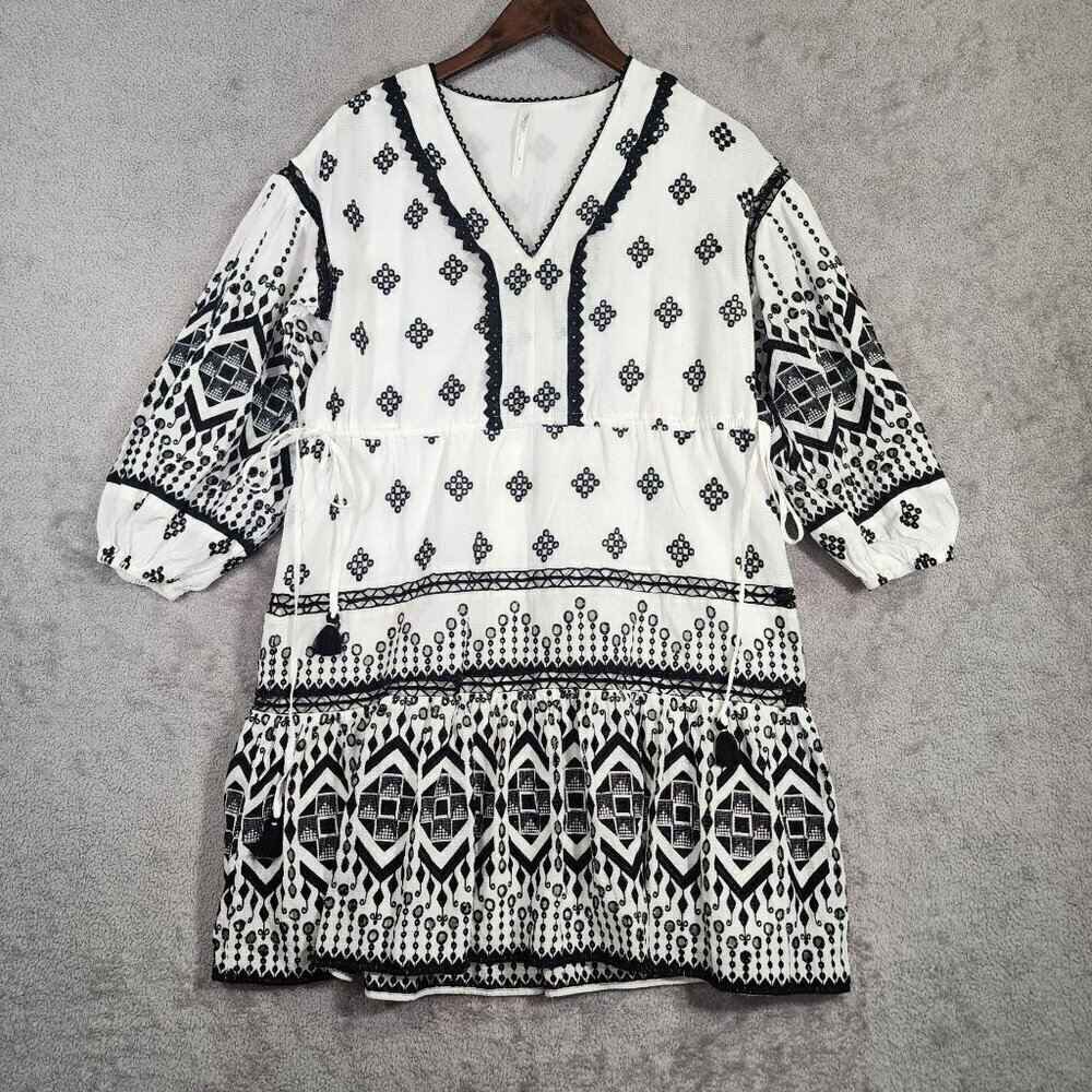 Anthropologie Womens Boho Embroidered Geometric Pattern Mini Shirt Dress